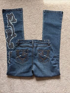 Women’s Y2K Embellished Studded Paisley Embroidery Dark Blue‎ Jeans